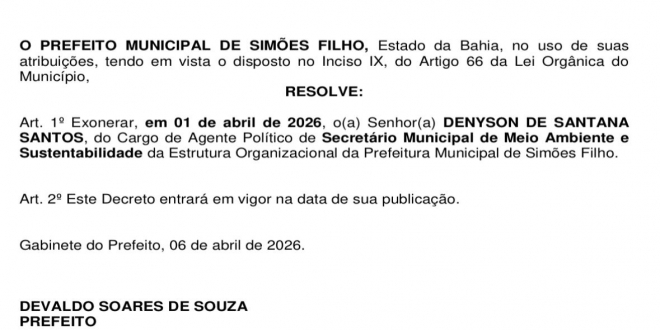CHOQUE DE GESTÃO! Prefeito Del inicia reforma administrativa e exonera Denyson de Santana da Secretaria de Meio Ambiente
