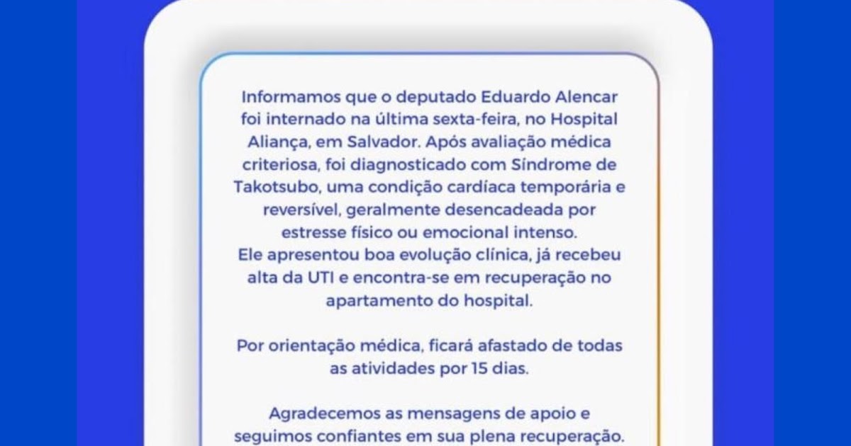 DEPUTADO EDUARDO ALENCAR É INTERNADO EM SALVADOR E SEGUE EM RECUPERAÇÃO...
